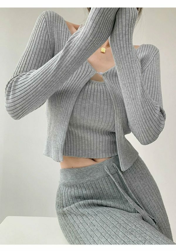 Y2K Ribbed Knit Crop Cardigan Set with Halter Strap Cami Top