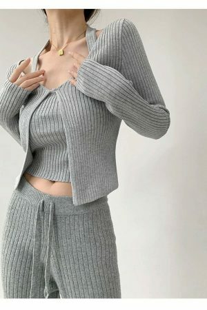 Y2K Ribbed Knit Crop Cardigan Set with Halter Strap Cami Top