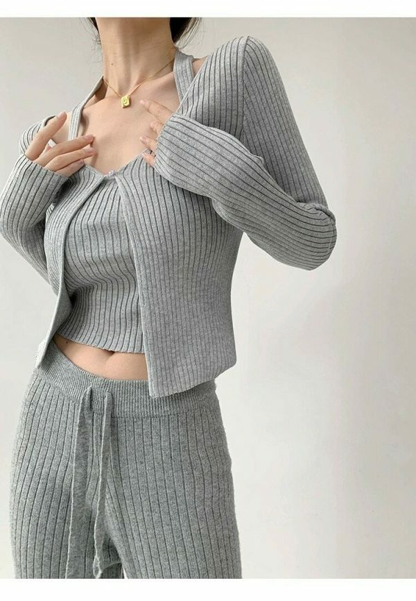 Y2K Ribbed Knit Crop Cardigan Set with Halter Strap Cami Top