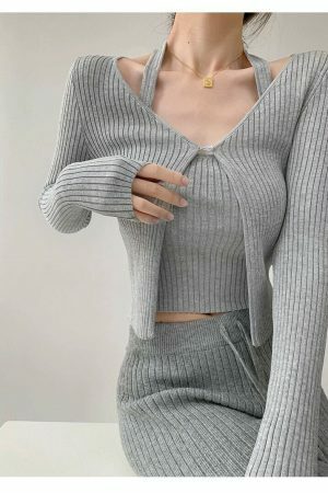 Y2K Ribbed Knit Crop Cardigan Set with Halter Strap Cami Top