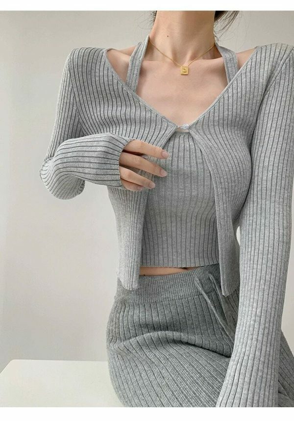 Y2K Ribbed Knit Crop Cardigan Set with Halter Strap Cami Top