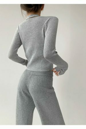 Y2K Ribbed Knit Crop Cardigan Set with Halter Strap Cami Top