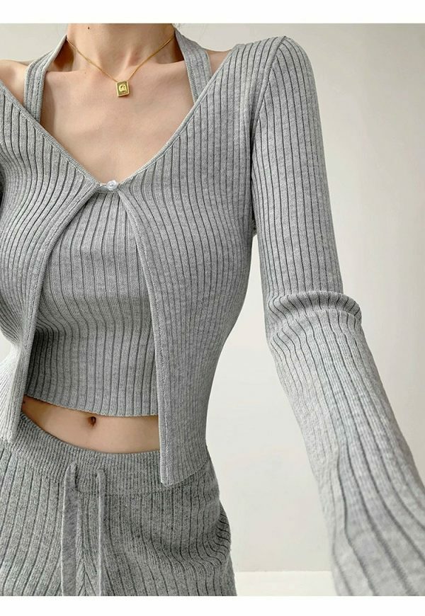 Y2K Ribbed Knit Crop Cardigan Set with Halter Strap Cami Top