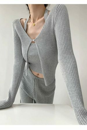 Y2K Ribbed Knit Crop Cardigan Set with Halter Strap Cami Top