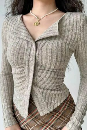 Y2K Ribbed Knit Long Sleeve Fitted Cardigan