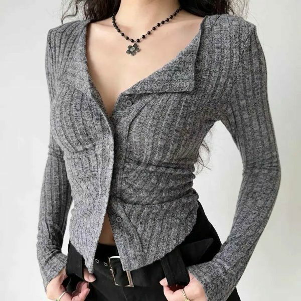 Y2K Ribbed Knit Long Sleeve Fitted Cardigan