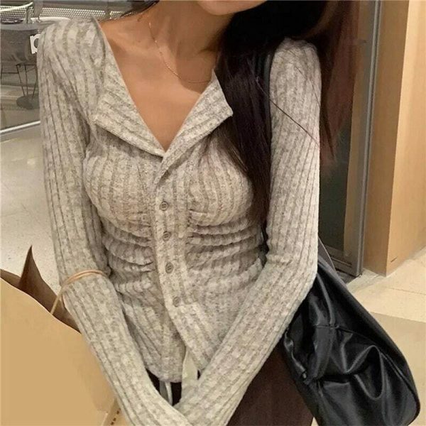 Y2K Ribbed Knit Long Sleeve Fitted Cardigan