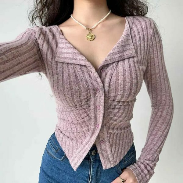 Y2K Ribbed Knit Long Sleeve Fitted Cardigan