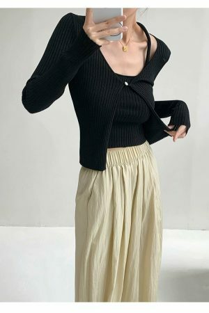 Y2K Ribbed Noir Black Knit Crop Cardigan Set with Halter Strap Cami Top