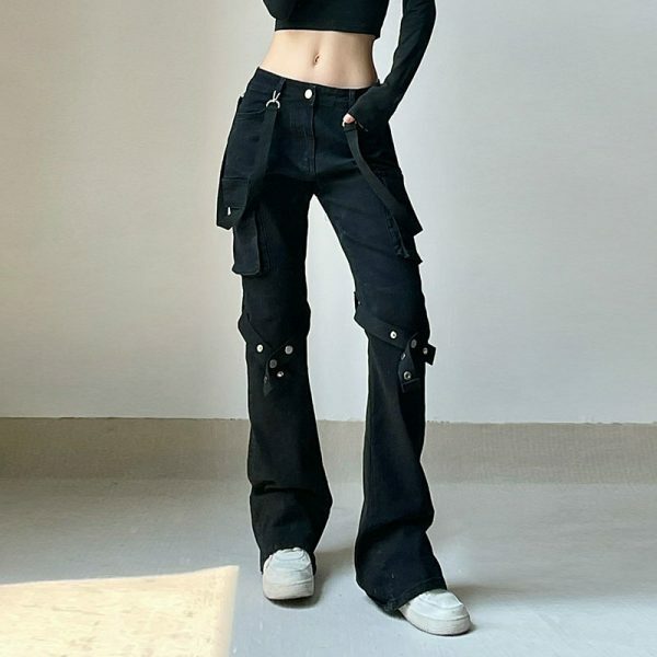 Y2K Ribbon Patchwork Low Rise Cargo Jeans for Women