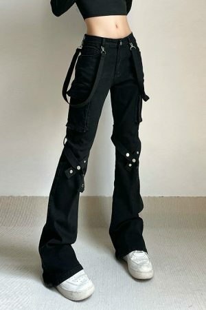 Y2K Ribbon Patchwork Low Rise Cargo Jeans for Women