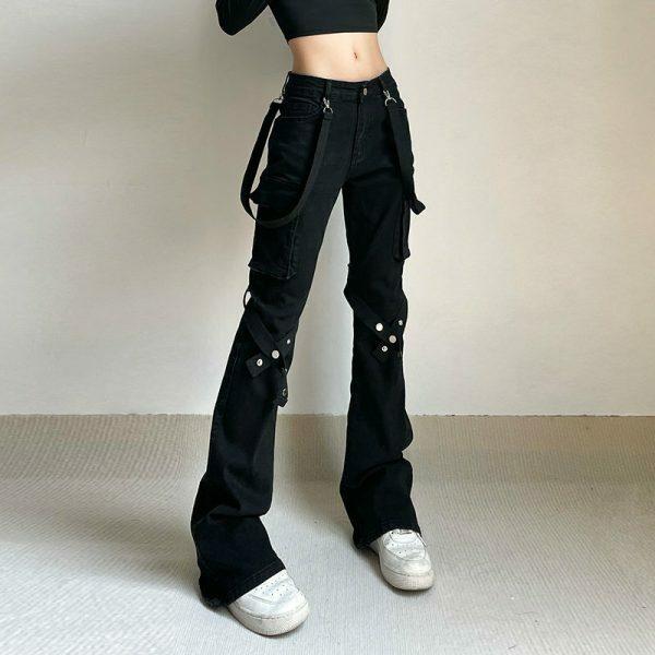 Y2K Ribbon Patchwork Low Rise Cargo Jeans for Women