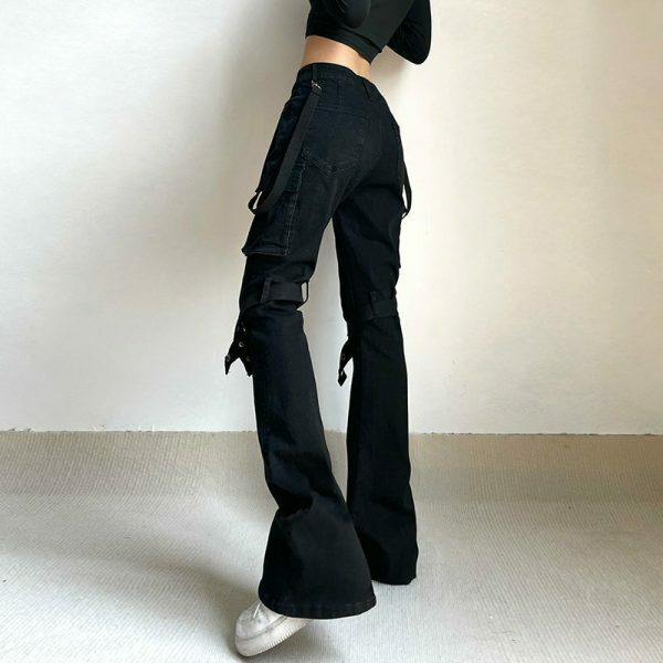 Y2K Ribbon Patchwork Low Rise Cargo Jeans for Women