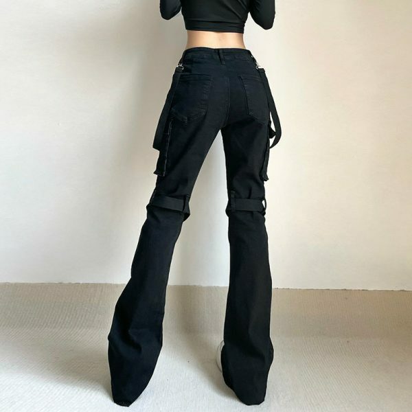 Y2K Ribbon Patchwork Low Rise Cargo Jeans for Women