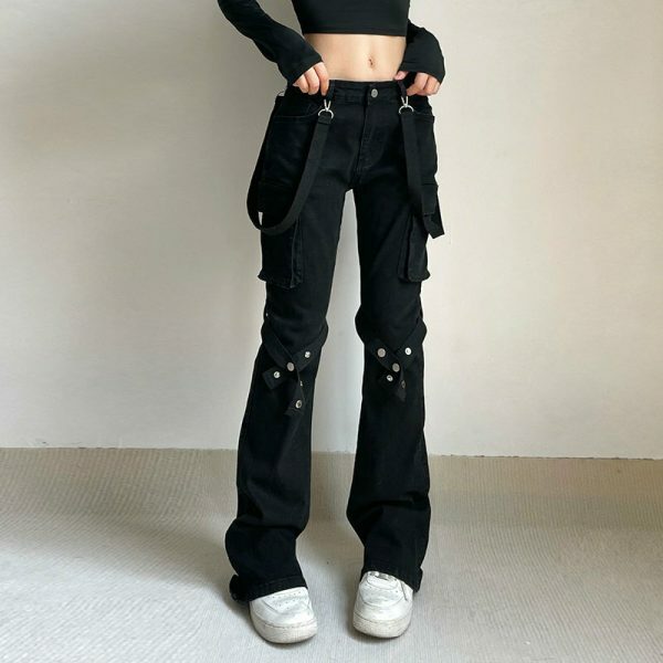 Y2K Ribbon Patchwork Low Rise Cargo Jeans for Women