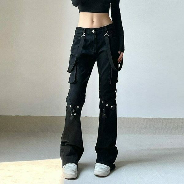 Y2K Ribbon Patchwork Low Rise Cargo Jeans for Women