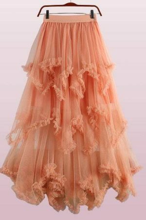 Y2K Ruffled Tulle Midi Skirt - Streetwear Renaissance Fairy Dress