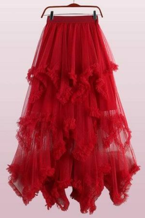 Y2K Ruffled Tulle Midi Skirt - Streetwear Renaissance Fairy Dress