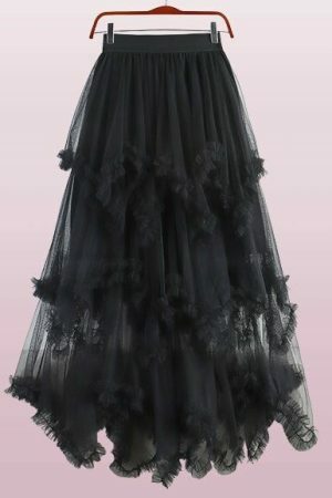 Y2K Ruffled Tulle Midi Skirt - Streetwear Renaissance Fairy Dress