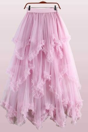 Y2K Ruffled Tulle Midi Skirt - Streetwear Renaissance Fairy Dress