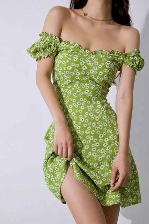 Y2K Sage Green Floral Mini Dress - Off Shoulder Streetwear Aesthetic