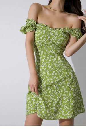 Y2K Sage Green Floral Mini Dress - Off Shoulder Streetwear Aesthetic