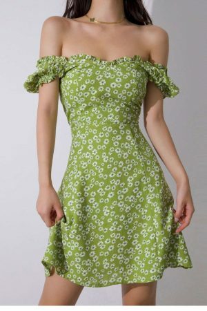 Y2K Sage Green Floral Mini Dress - Off Shoulder Streetwear Aesthetic