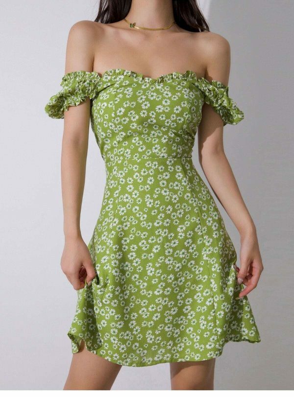 Y2K Sage Green Floral Mini Dress - Off Shoulder Streetwear Aesthetic