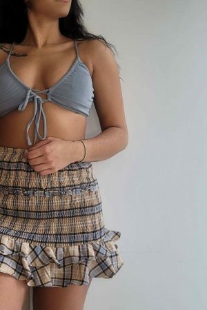 Y2K Sage Grey Ribbed Bikini Top, Self-Adjusting Front Tie, Minimalistic Streetwear Aesthetic