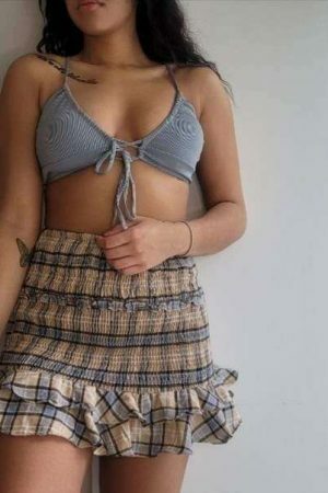 Y2K Sage Grey Ribbed Bikini Top, Self-Adjusting Front Tie, Minimalistic Streetwear Aesthetic