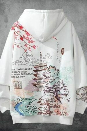 Y2K Sakura Print Oversized Hoodie - Japanese Streetwear Fashion