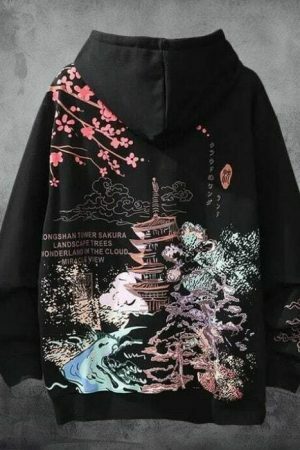 Y2K Sakura Print Oversized Hoodie - Japanese Streetwear Fashion