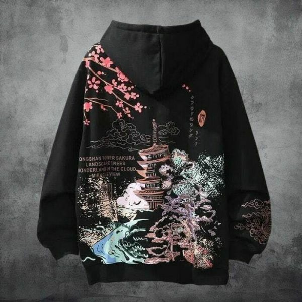 Y2K Sakura Print Oversized Hoodie - Japanese Streetwear Fashion