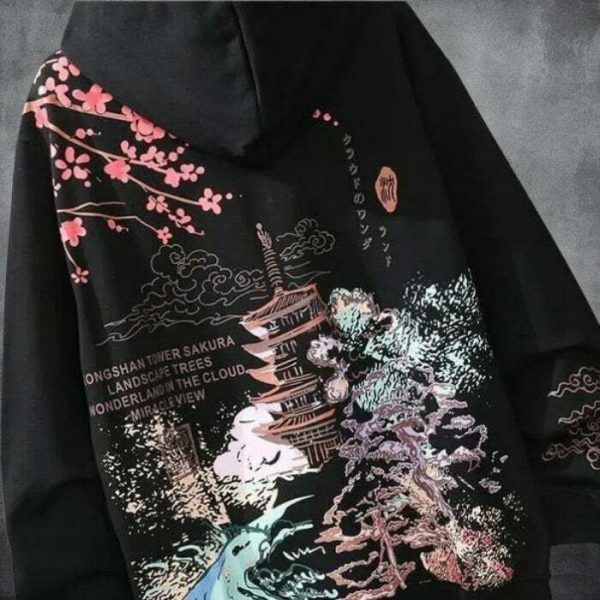 Y2K Sakura Print Oversized Hoodie - Japanese Streetwear Fashion