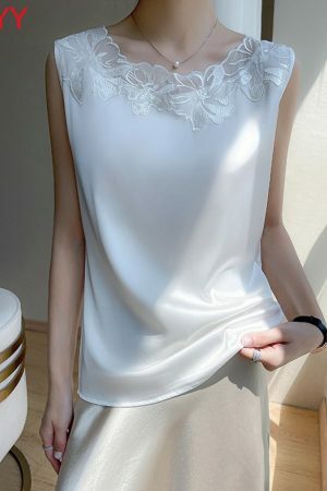 Y2K Satin Silk Blouse Sleeveless O-neck Top Streetwear Fashion