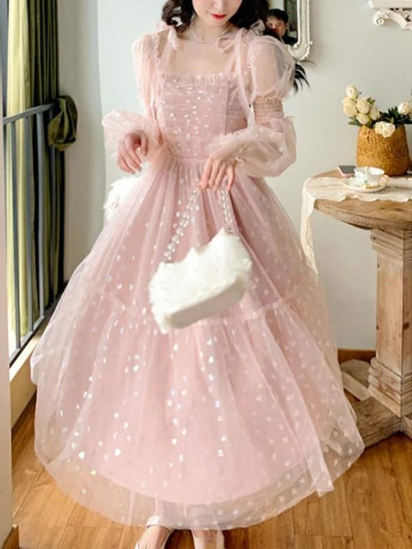 Y2K Sequin Princess Prom Party Cottagecore Pink Midi Vintage Sweet Dress