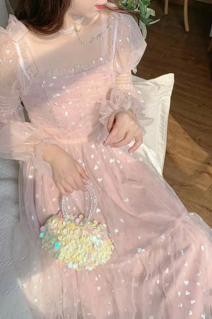 Y2K Sequin Princess Prom Party Cottagecore Pink Midi Vintage Sweet Dress