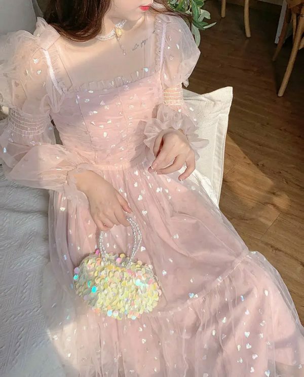 Y2K Sequin Princess Prom Party Cottagecore Pink Midi Vintage Sweet Dress