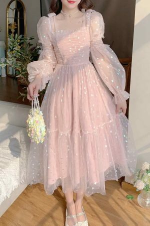 Y2K Sequin Princess Prom Party Cottagecore Pink Midi Vintage Sweet Dress