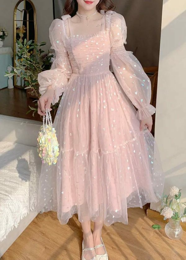 Y2K Sequin Princess Prom Party Cottagecore Pink Midi Vintage Sweet Dress