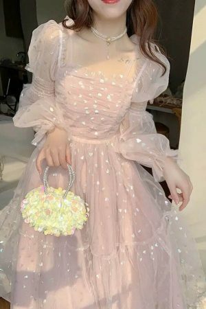 Y2K Sequin Princess Prom Party Cottagecore Pink Midi Vintage Sweet Dress