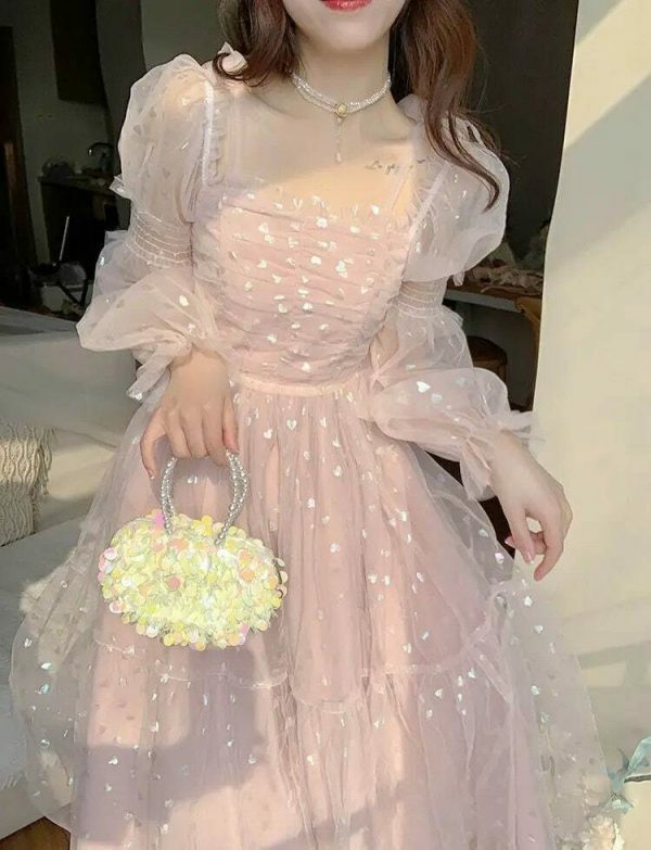 Y2K Sequin Princess Prom Party Cottagecore Pink Midi Vintage Sweet Dress