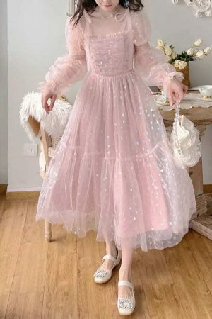 Y2K Sequin Princess Prom Party Cottagecore Pink Midi Vintage Sweet Dress