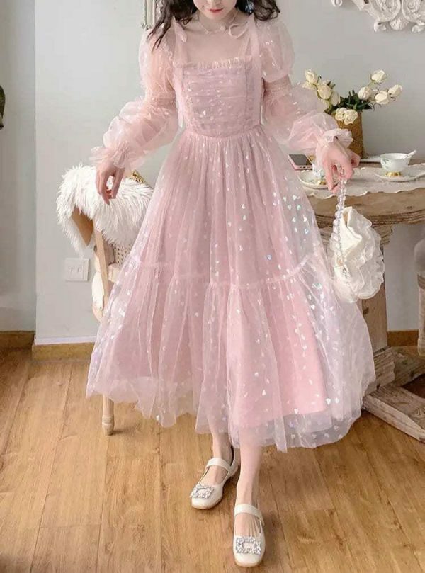 Y2K Sequin Princess Prom Party Cottagecore Pink Midi Vintage Sweet Dress