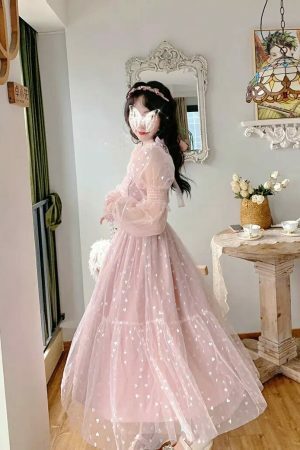 Y2K Sequin Princess Prom Party Cottagecore Pink Midi Vintage Sweet Dress