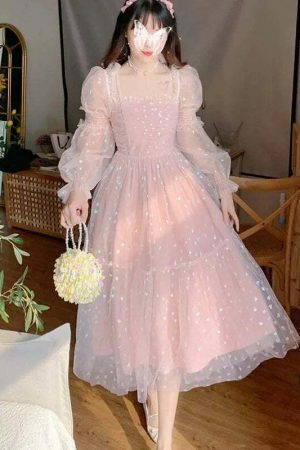 Y2K Sequin Princess Prom Party Cottagecore Pink Midi Vintage Sweet Dress