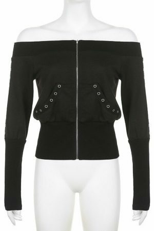 Y2K Sexy Open Shoulder Zipper Crop Top Jacket for Women - Retro Streetwear