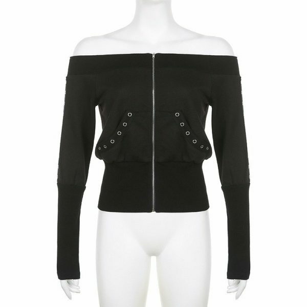 Y2K Sexy Open Shoulder Zipper Crop Top Jacket for Women - Retro Streetwear