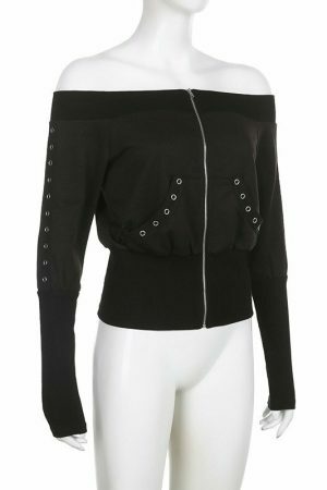 Y2K Sexy Open Shoulder Zipper Crop Top Jacket for Women - Retro Streetwear