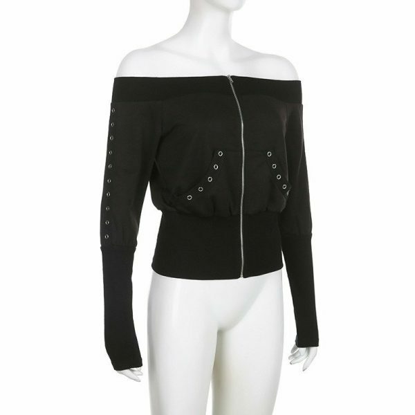 Y2K Sexy Open Shoulder Zipper Crop Top Jacket for Women - Retro Streetwear